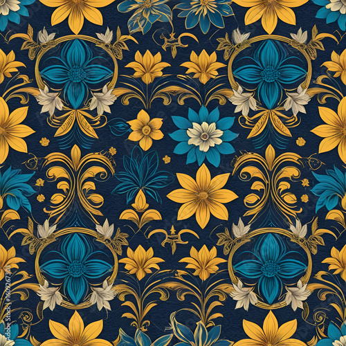 Seamless pattern of flowers and gods on the fabric.