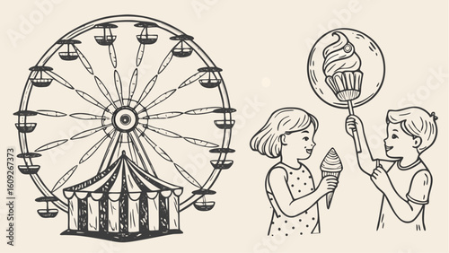 Illustration of a ferris wheel with a tent and children holding ice cream and cupcake sign board