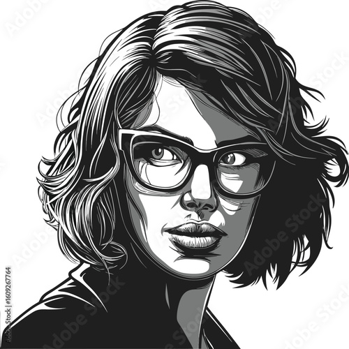 Stylish vector portrait of a beautiful young woman with flowing hair and glamorous lips, perfect for fashion and beauty illustrations
