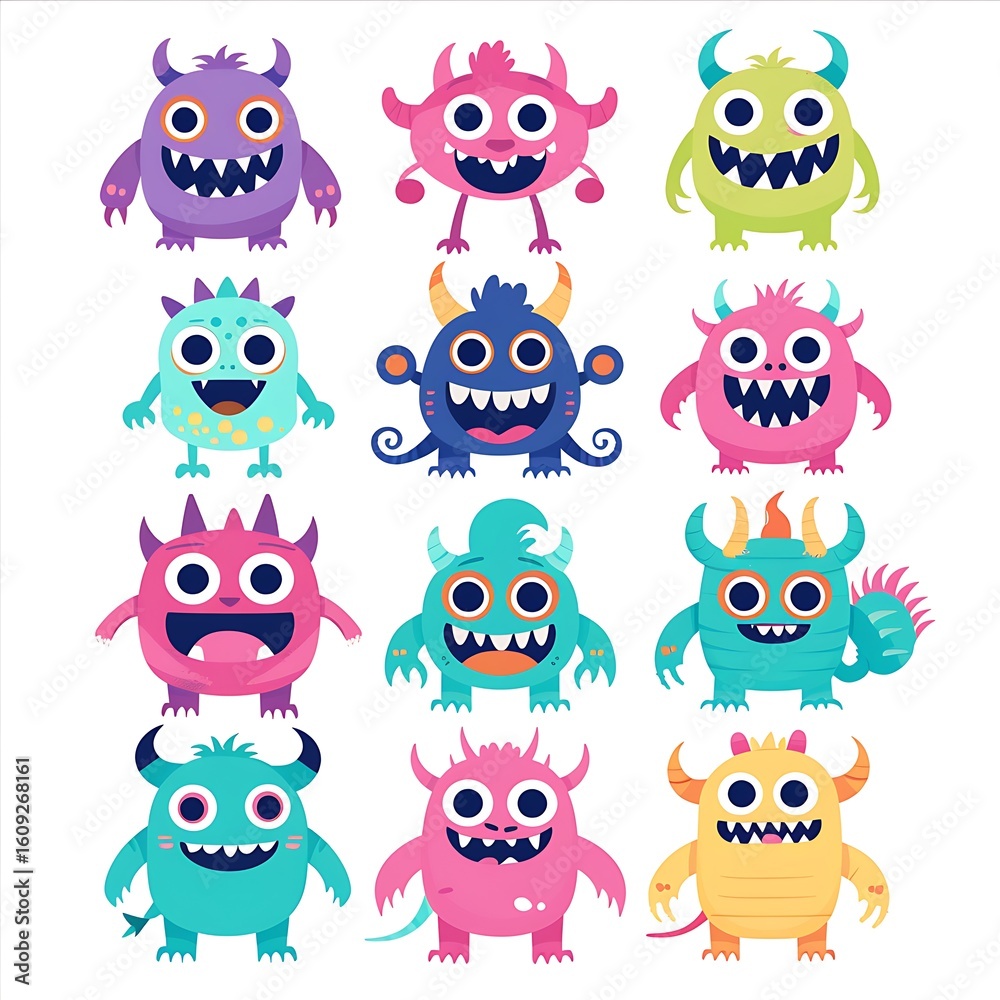 Obraz premium collection of 9 cute cartoon monsters in a flat vector style