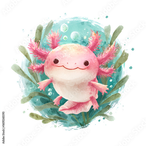 Watercolor pink axolotl swimming underwater, floating among green algae and bubbles with playful, cheerful expression