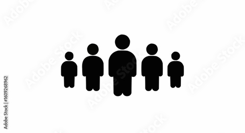 Illustration of a group of five people standing together in a simple black silhouette on a white background