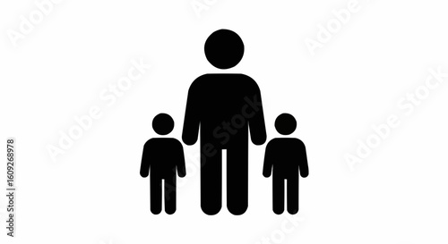 A black silhouette of an adult figure standing with two smaller child figures on a white background space