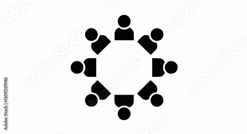 Illustration of eight abstract people sitting around a white octagon shaped table in a meeting room