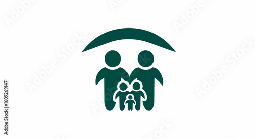 Illustration of a family with two parents and three children under a protective roof shape design