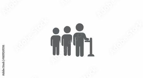 A group of three people standing in a line with one person holding a rope barrier in a simple design