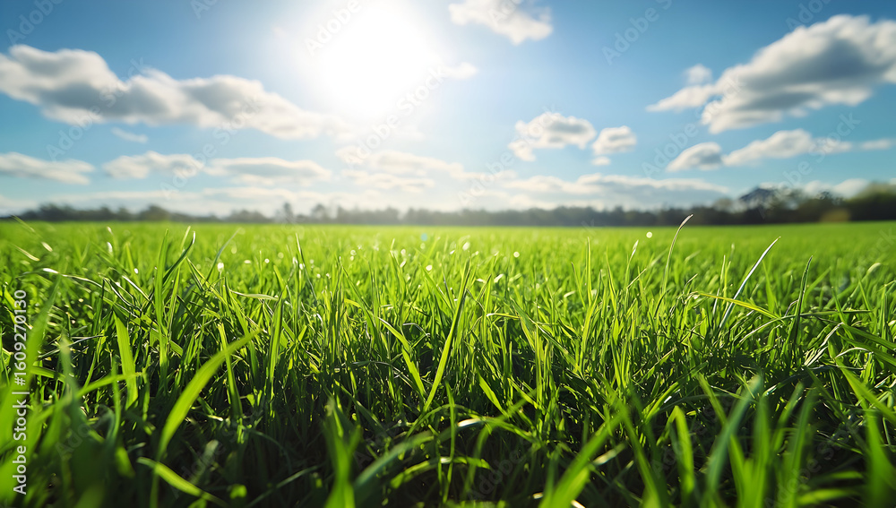 Fototapeta premium Vibrant green grass field basks in the warm sunlight of a beautiful day, creating a serene and peaceful landscape.