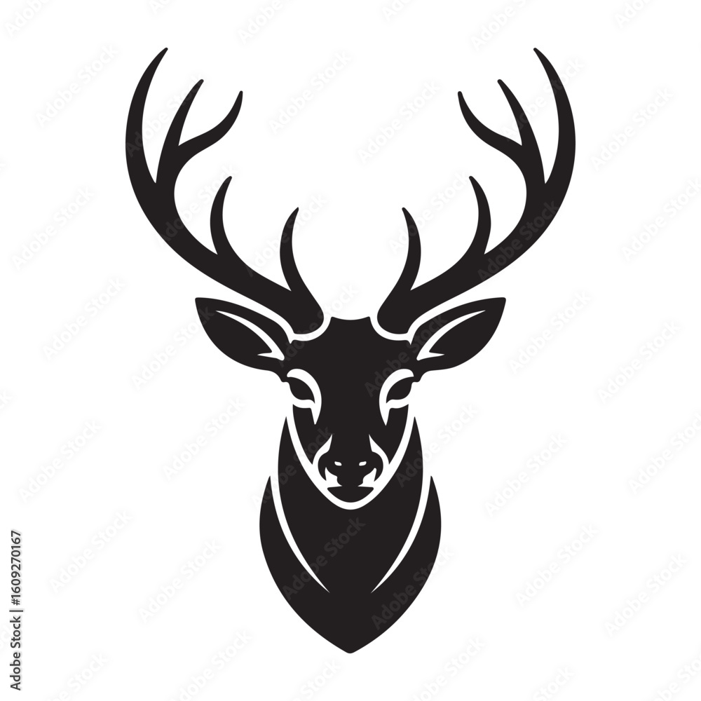 Naklejka premium Deer Head Silhouette Logo – Bold Black Antler Vector for Outdoor and Adventure Branding, Art & Illustration.