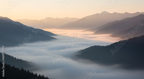 Serene Mountain Valley Sunrise With Fog Layers Creating a Mystical Atmospheric Vista