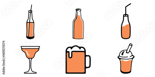 Cartoon Drink Icons Set, Flat Vector Beverages Collection