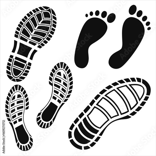 Collection of human footprint and shoe print icons, vector illustration isolated on a white background — same concept, different wording.