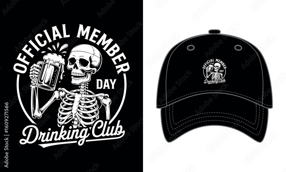 Fototapeta premium Official Member Drinking Club – Skeleton Beer Mug Funny Cap Design 