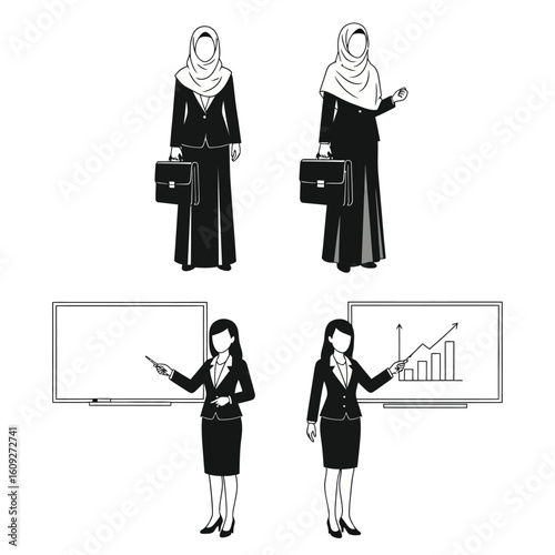 Diverse Arab Businesswomen in Professional Settings Presenting and Carrying Briefcases Monochrome Illustration
