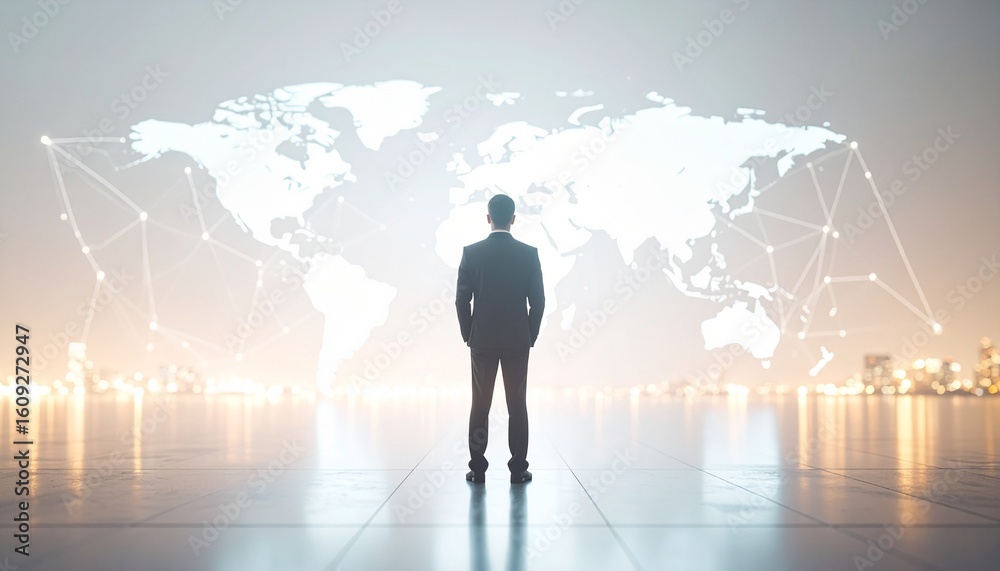 A man in a suit with a three-dimensional world map in the background A man in a suit with a three-dimensional world map in the background