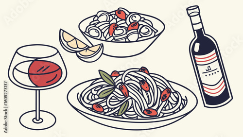 Delicious pasta dinner with red wine and lemon illustration for restaurant and food blog design assets
