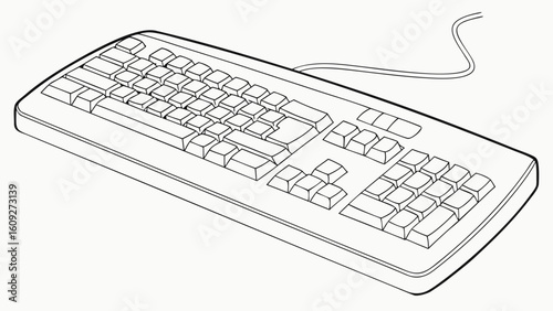 Outline drawing of a computer keyboard for typing and input device with cable for desktop pc setup use
