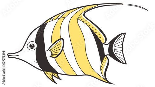 Cartoon moorish idol fish vector illustration with yellow and black stripes clip art drawing line art image