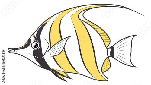 Yellow and black striped moorish idol fish vector illustration tropical reef aquarium fish clip art image design