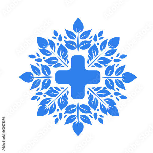 Medical cross with leaves icon on transparent background blue silhouette
