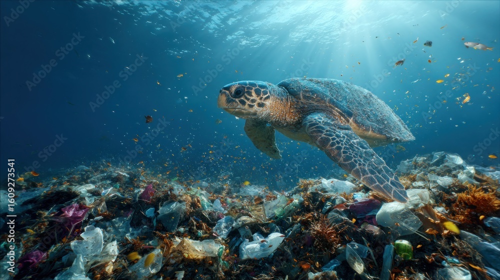 Obraz premium Ocean Pollution: A Turtle's Plea