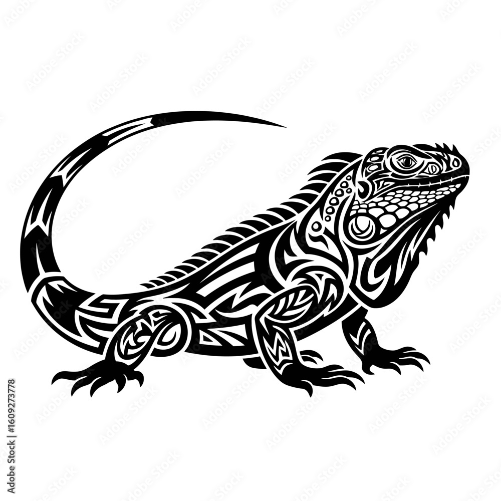 Obraz premium A stylized black and white illustration of an iguana with intricate tribal patterns.