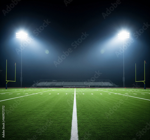 American Football Field at Night with Stadium Lights – Sports Event Background