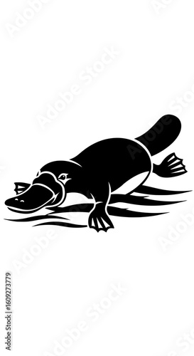 A black platypus swimming in water, depicted in a stylized, graphic silhouette against a white background.