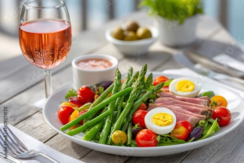 Seared tuna salad with asparagus, eggs, tomatoes, olives, and rose wine enjoyed outdoors