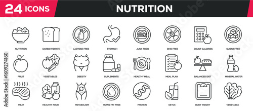 Set of collection line icons related nutrition, diet, meals. Editable stroke. Perfect pixel on transparent background