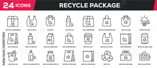Set of collection line icons related recycle green package. Editable stroke. Perfect pixel on transparent background