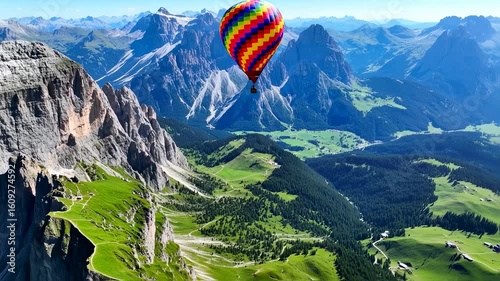 Colorful hot air balloon over majestic mountain range