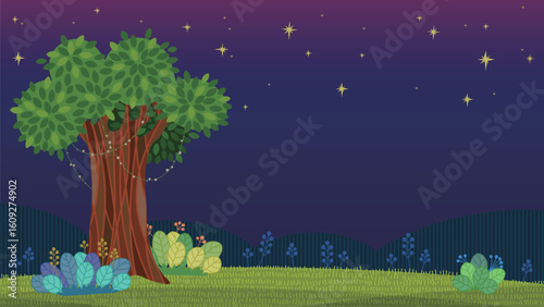 Elegant Night Tree – Decorative Fairytale Vector Landscapt Illustration 16X9