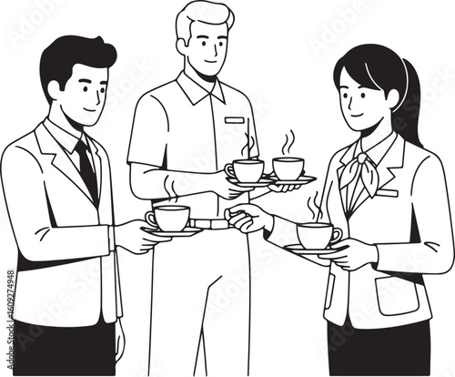  Line art illustration of three people serving or receiving hot beverages like tea or coffee.
