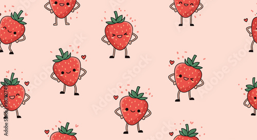 Adorable kawaii strawberries dancing happily with hearts and sparkles a cute and cheerful pattern for summer and fruit lovers