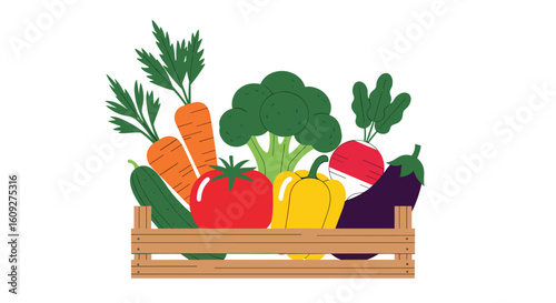 A bountiful wooden crate overflowing with a vibrant assortment of fresh garden vegetables including carrots tomatoes broccoli peppers cucumbers and eggplant