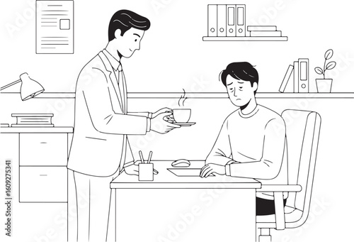 Line art illustration of a colleague offering a hot drink to a tired worker