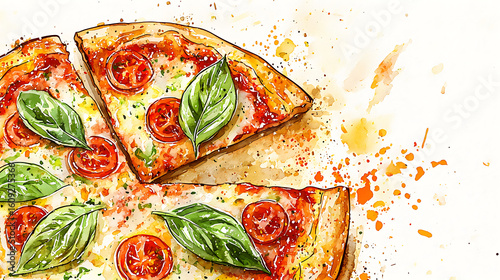 Hand drawn watercolor illustration of a classic Italian Margherita pizza with fresh basil and cherry tomatoes. Artistic food sketch with a slice cut out.