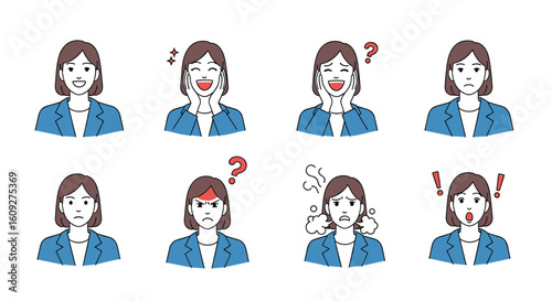 A collection of diverse emotional expressions on a woman's face portrayed through pixelated artwork for visual communication
