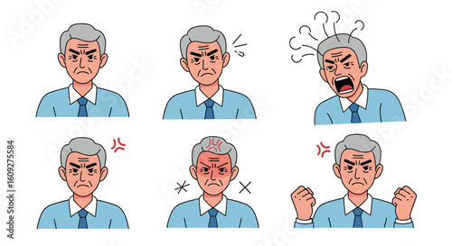 Collection of six illustrations depicting a senior man expressing various emotions of anger and frustration with bold outlines and pixelated details