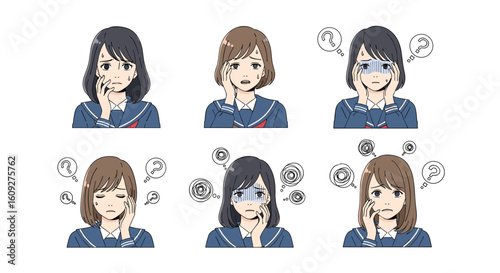 Illustrations of young women expressing a range of emotions and feelings in a school uniform setting showing distress confusion and anxiety