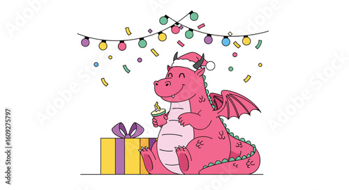 Joyful pink dragon celebrating a special occasion with gifts and festive decorations