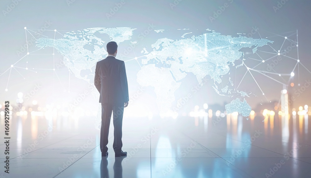 A man in a suit with a three-dimensional world map in the background A man in a suit with a three-dimensional world map in the background