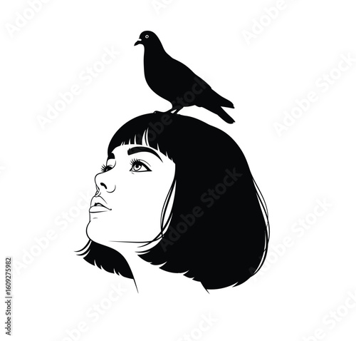 Woman with Bob Haircut and Bird on Head Vector Portrait