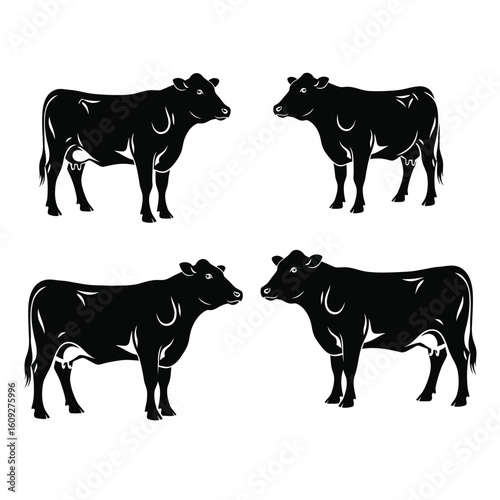 Elegant Silhouette of Four Cows Standing on White Background Cattle Livestock and Dairy Farm Illustration