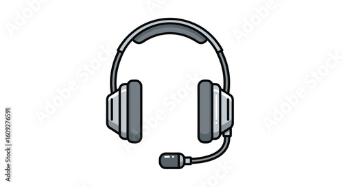 Detailed illustration of a gray over ear headset with microphone and adjustable headband for audio enthusiasts and gamers featuring pixel art style