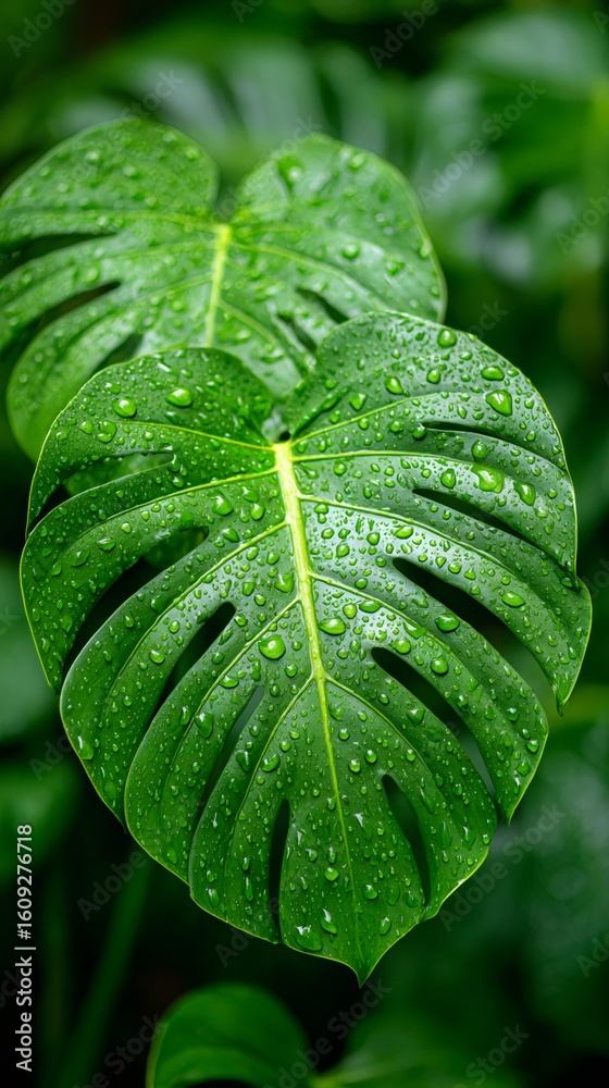 Obraz premium Vibrant green monstera leaves covered in refreshing water droplets