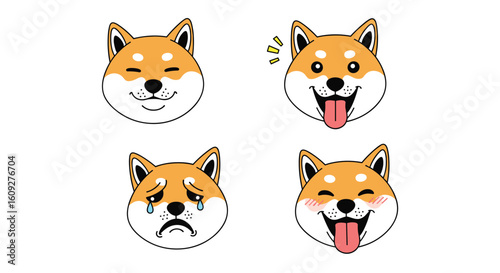 Four adorable shiba inu dog faces expressing different emotions happiness sadness excitement and joyful smiles