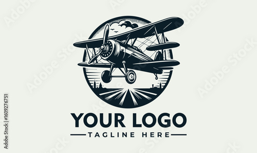 Vintage biplane logo design, showcasing a classic airplane against a stylized landscape.