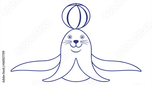 Line art of a seal balancing ball on nose playful.