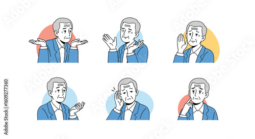 Person with various gestures and expressions conveying communication and interaction ideas in business or social settings